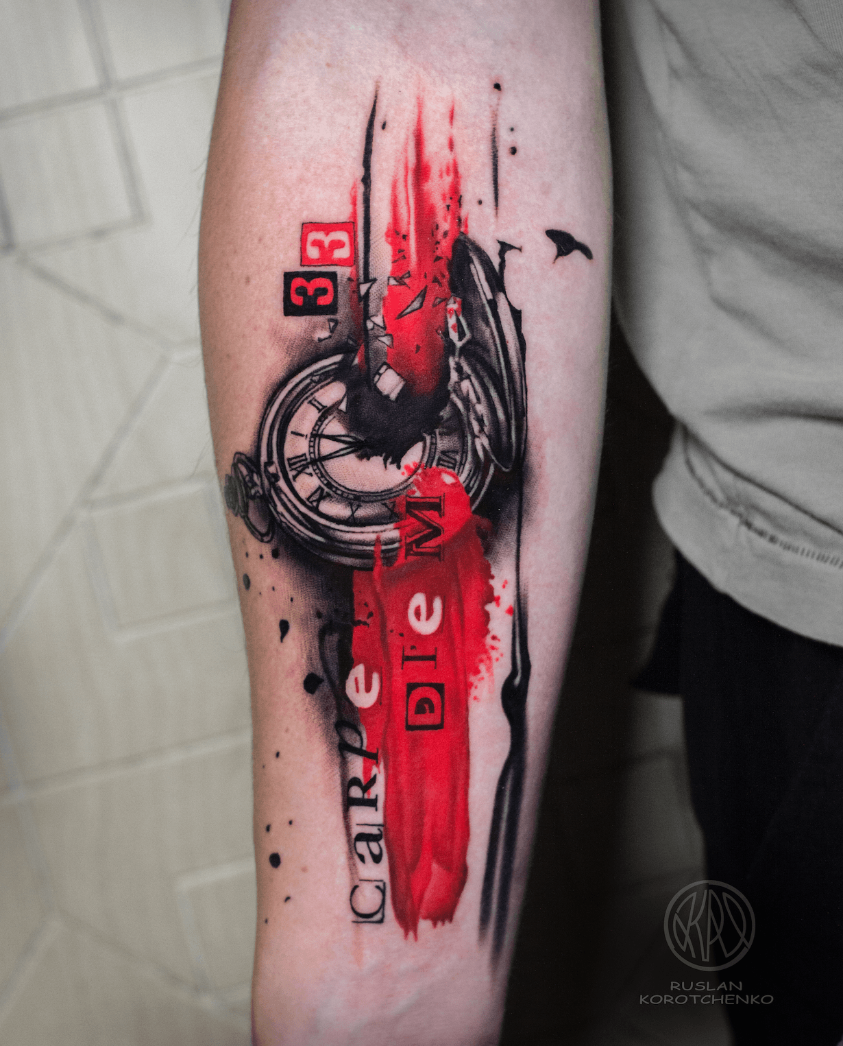 Trash Polka Clock Tattoo on Forearm